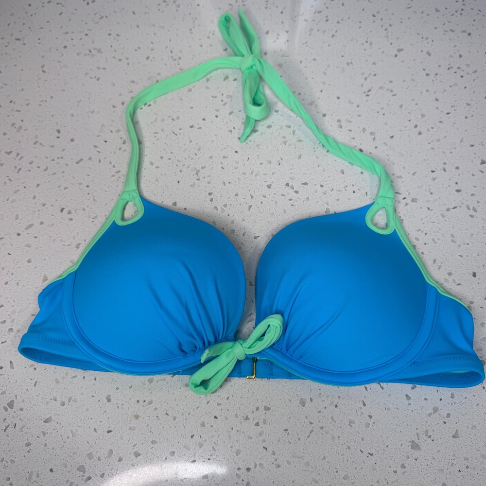 Victoria's Secret Blue Mint Green Push Up Halter Bikini Top 36B Underwire Bow